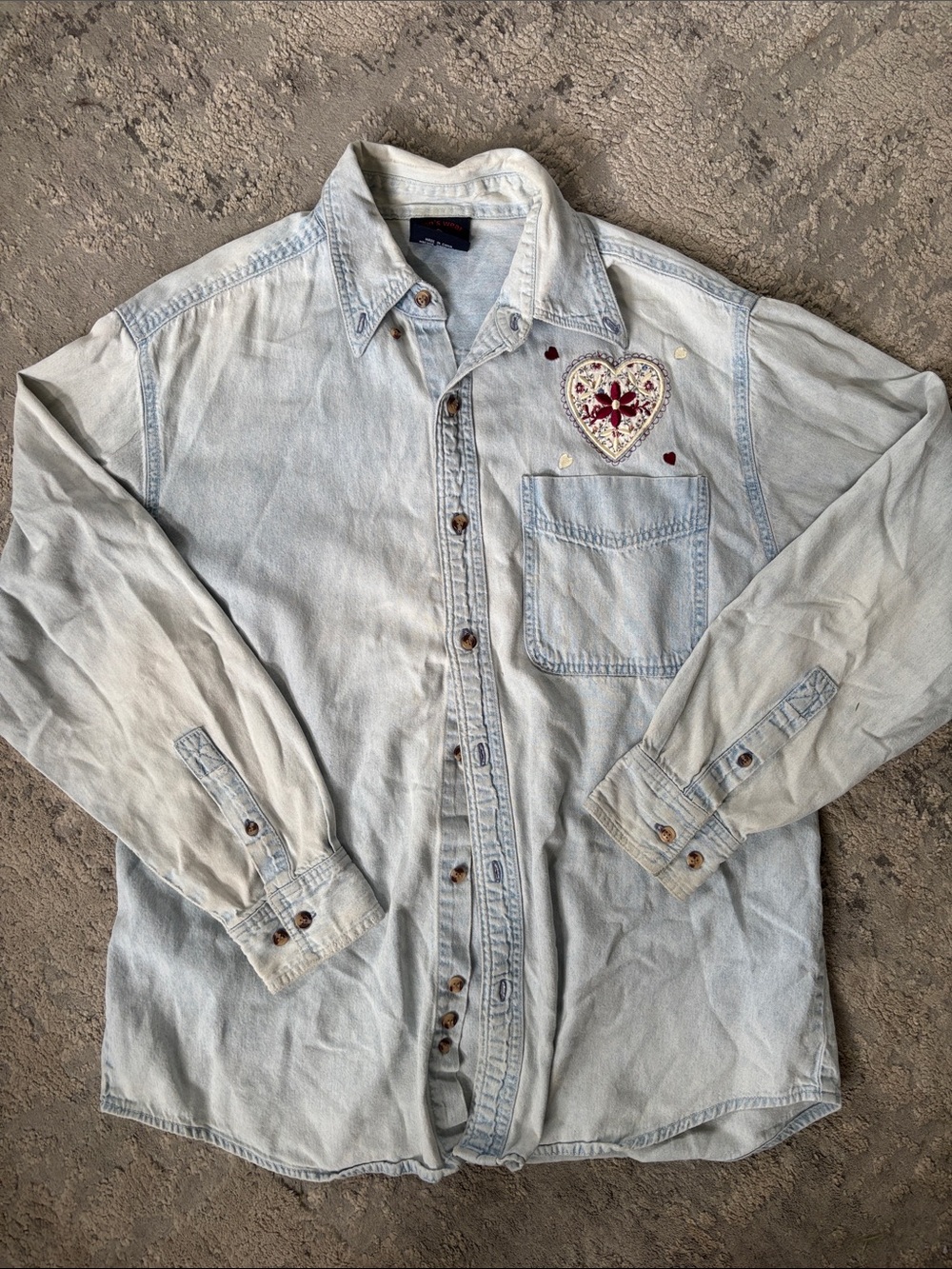 VINTAGE Won’swearLight Wash Denim Button-Up Shirt with Embroidered Heart Patch